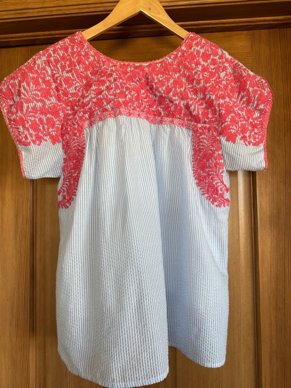 Embroidered Peasant Blouse in Light Blue and Coral by Mignonne - Picture 3 of 3